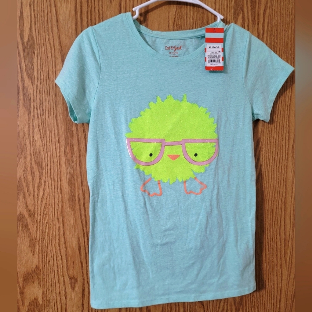 NWT Cat and Jack aqua short sleeve glitter chick shirt size 14/16